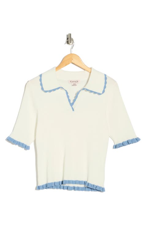 Scalloped Collar Short Sleeve Polo Sweater