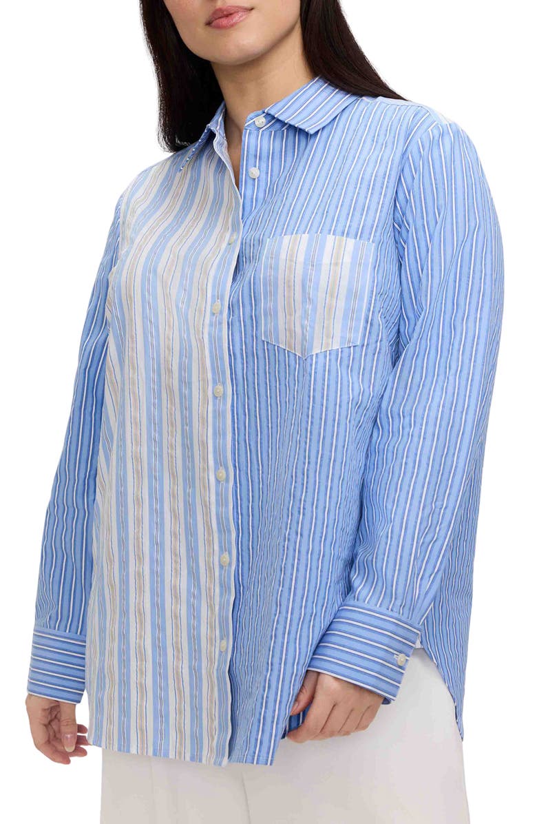 Foxcroft Meghan Mix Stripe Seersucker Button-Up Top, Main, color, Blue Multi