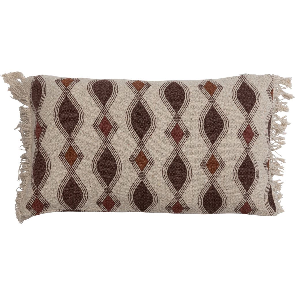 Storied Home Bloomingville Recycled Cotton Blend Printed Pillow With Pattern And Fringe, Multicolor In Neutral