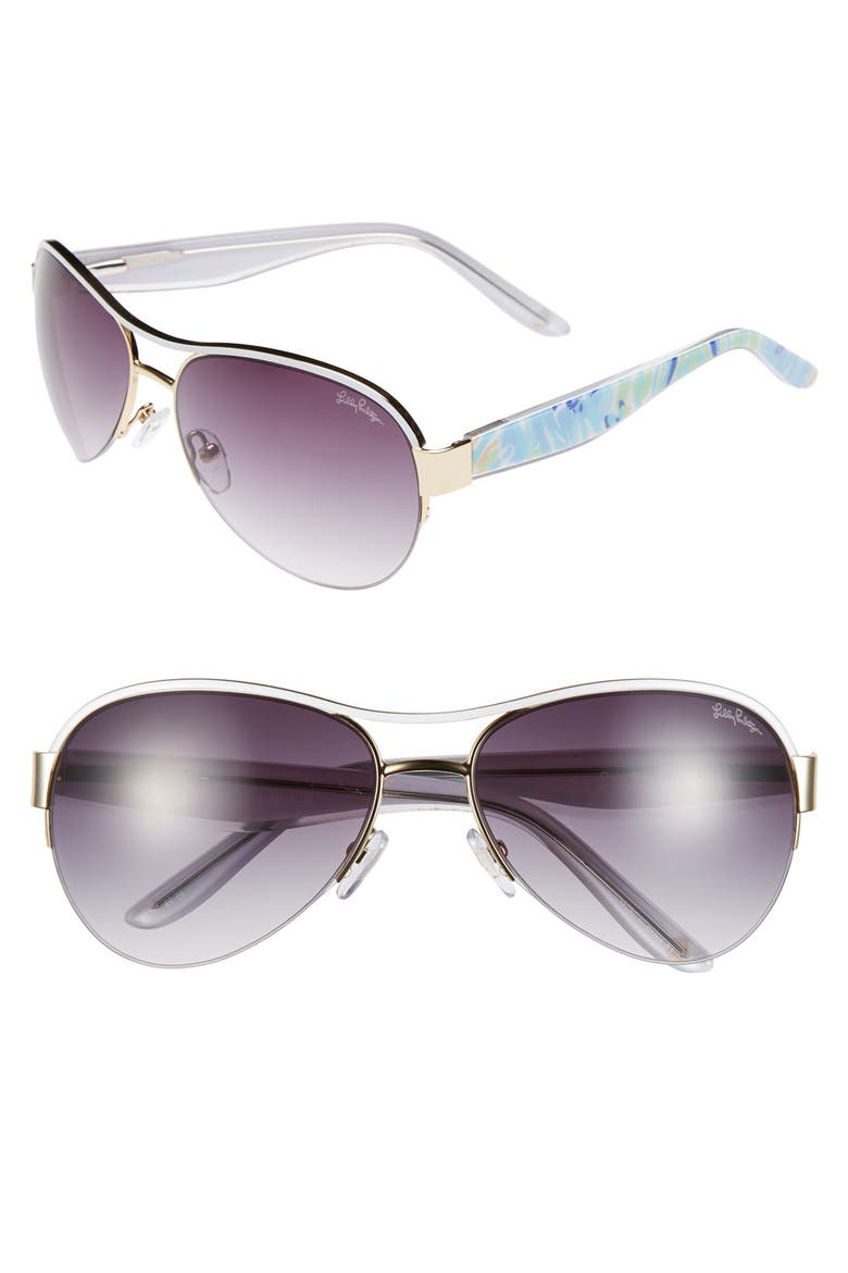 Lilly Pulitzer 'Carlee' 58mm Aviator Sunglasses, Main, color, GOLD/ RESORT WHITE