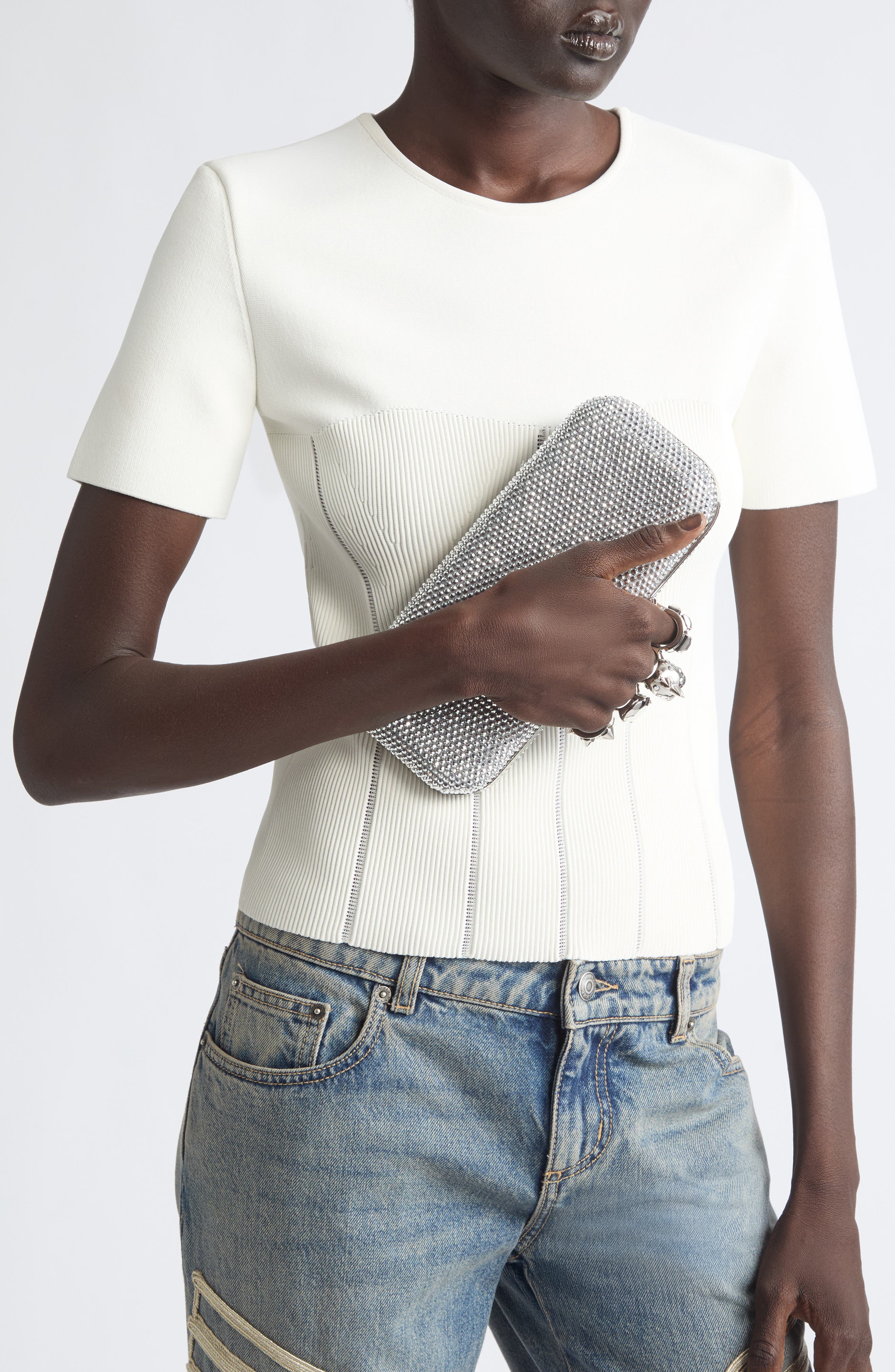 Long Knuckle Crystal Embellished Suede Clutch, Alternate, color, LEAD