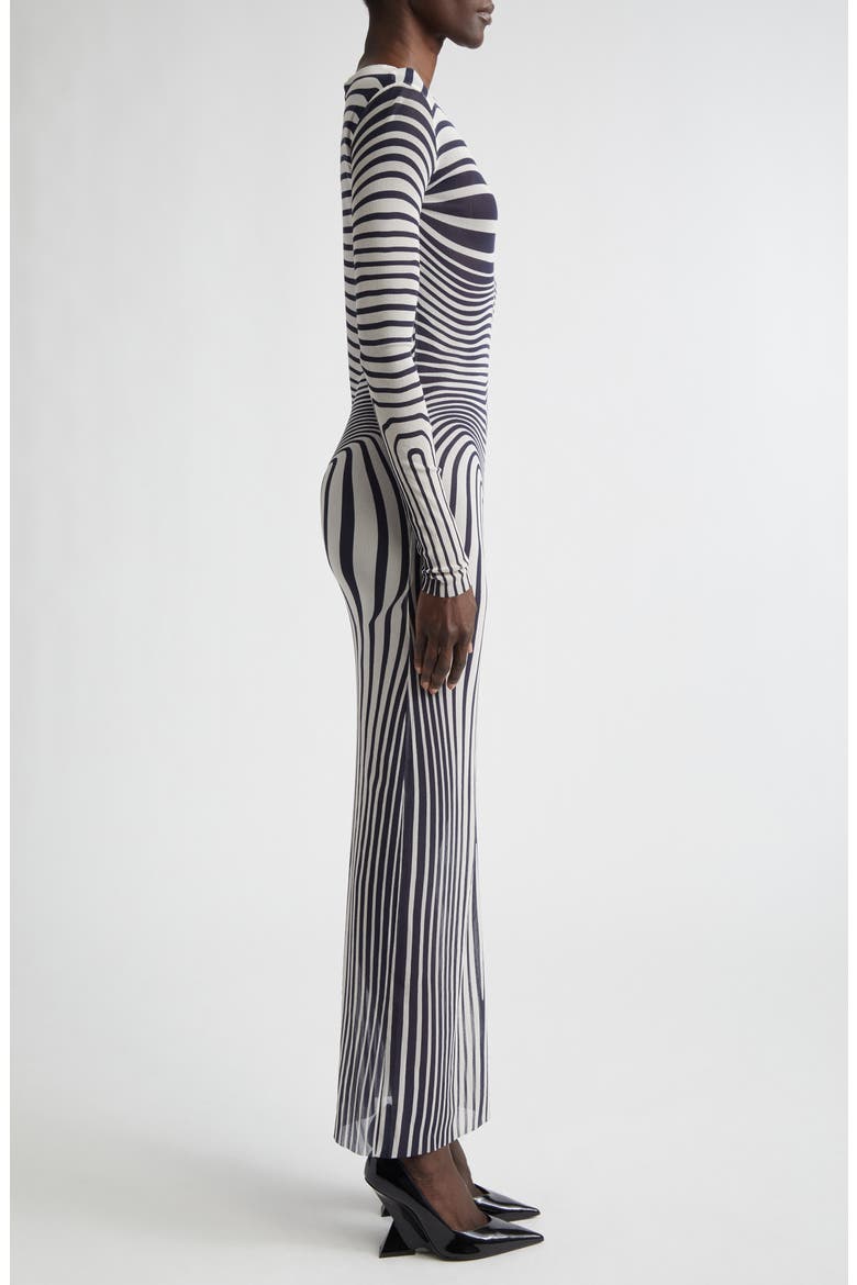 Re-Edition Body Morphing Trompe l'Oeil Long Sleeve Mesh Dress, Alternate, color, ECRU/ NAVY