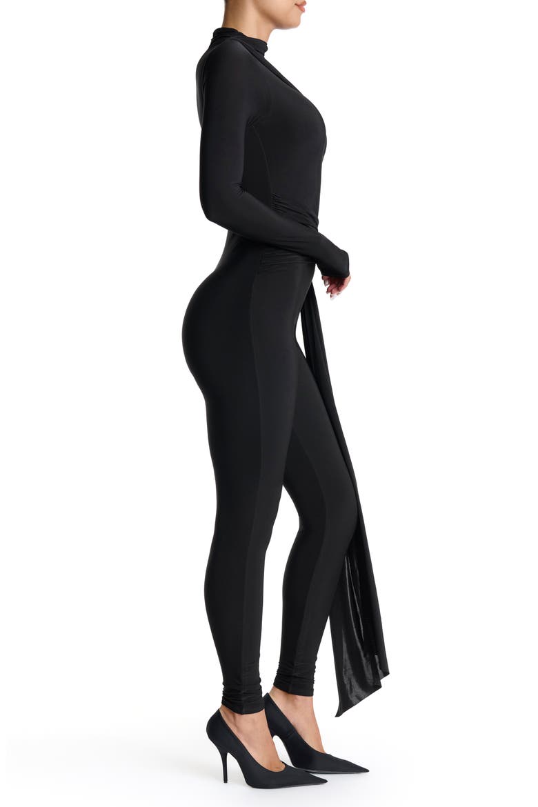 Hourglass Tie Waist Long Sleeve Jumpsuit, Alternate, color, BLACK