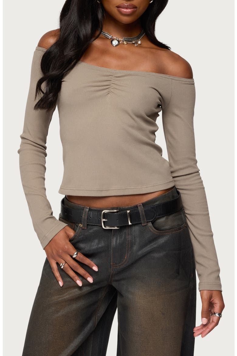 Cambria Off the Shoulder Rib Top, Main, color, TAUPE