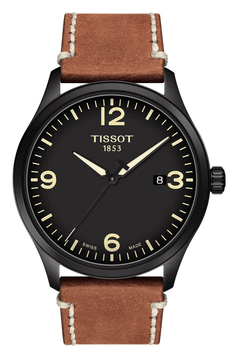 Gent XL Classic Leather Strap Watch, 42mm, Main, color, BROWN/ BLACK