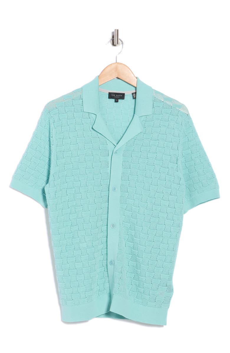 Ted Baker London Ridges Short Sleeve Texture Knit Silk & Cotton Button-Up Shirt, Alternate, color, Light Pastel Green