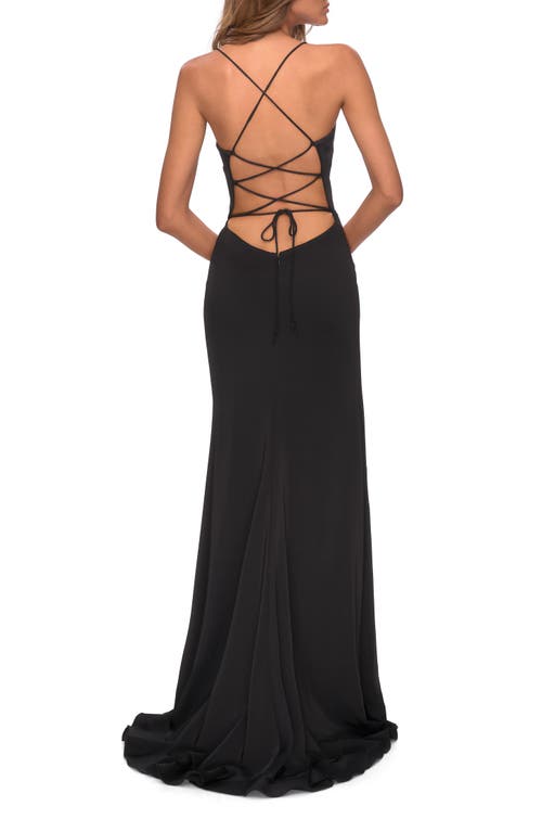 La Femme Ruffle Prom Dress With Scoop Neck And Lace Up Back In Black