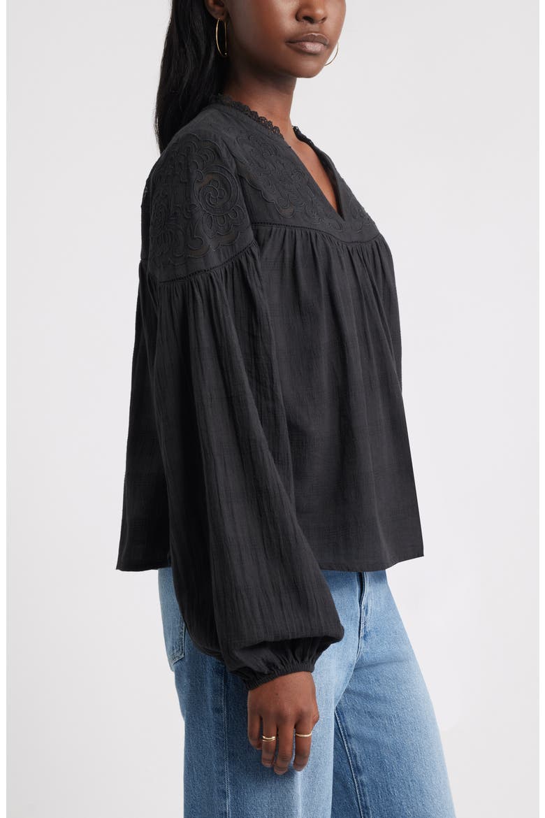 Appliqué Yoke Balloon Sleeve Cotton Top, Alternate, color, BLACK