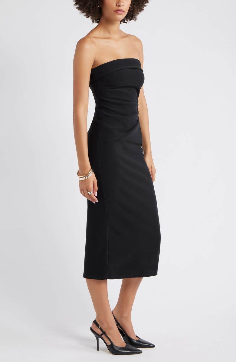 Open Edit Strapless Crepe Midi Dress, Alternate, color, Black