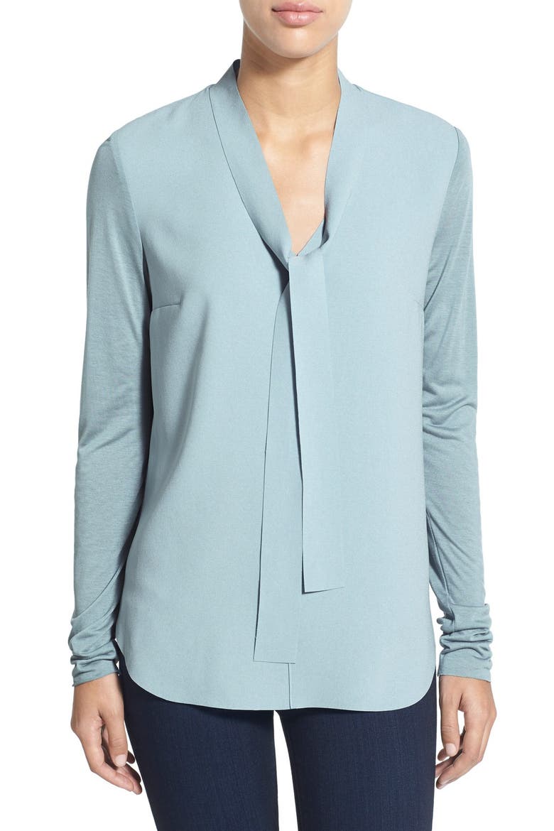 'Roma' Mixed Media Tie Neck Blouse, Main, color, GUST