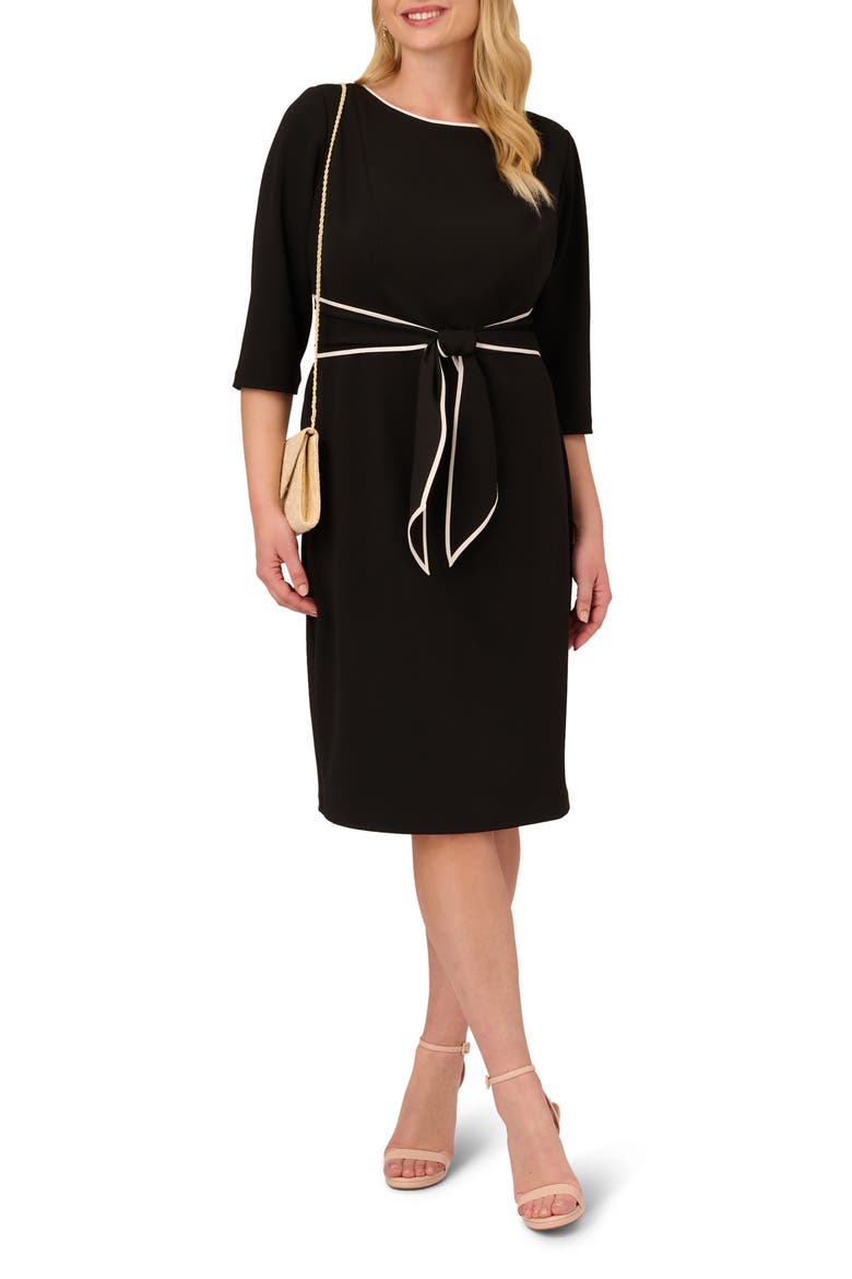 Tipped Tie Waist Crepe Dress, Main, color, BLACK/ IVORY