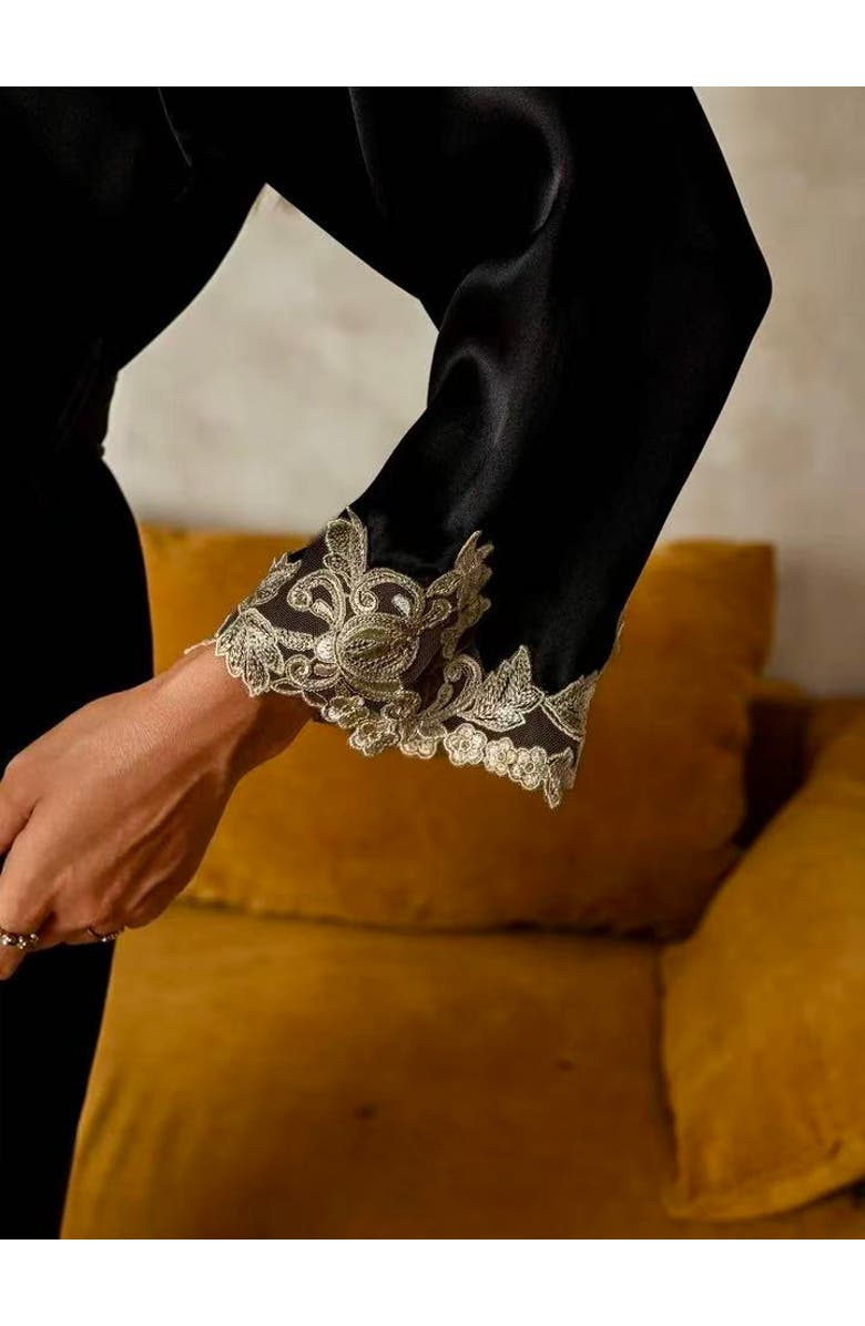 SILKSILKY Pure Silk 3/4 Sleeves Belted Short Robe With Lace Design, Alternate, color, Black