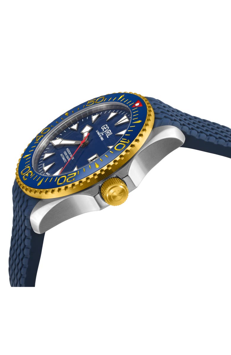 GEVRIL Hudson Yards Automatic Rubber Strap Watch, 43mm, Alternate, color, Blue