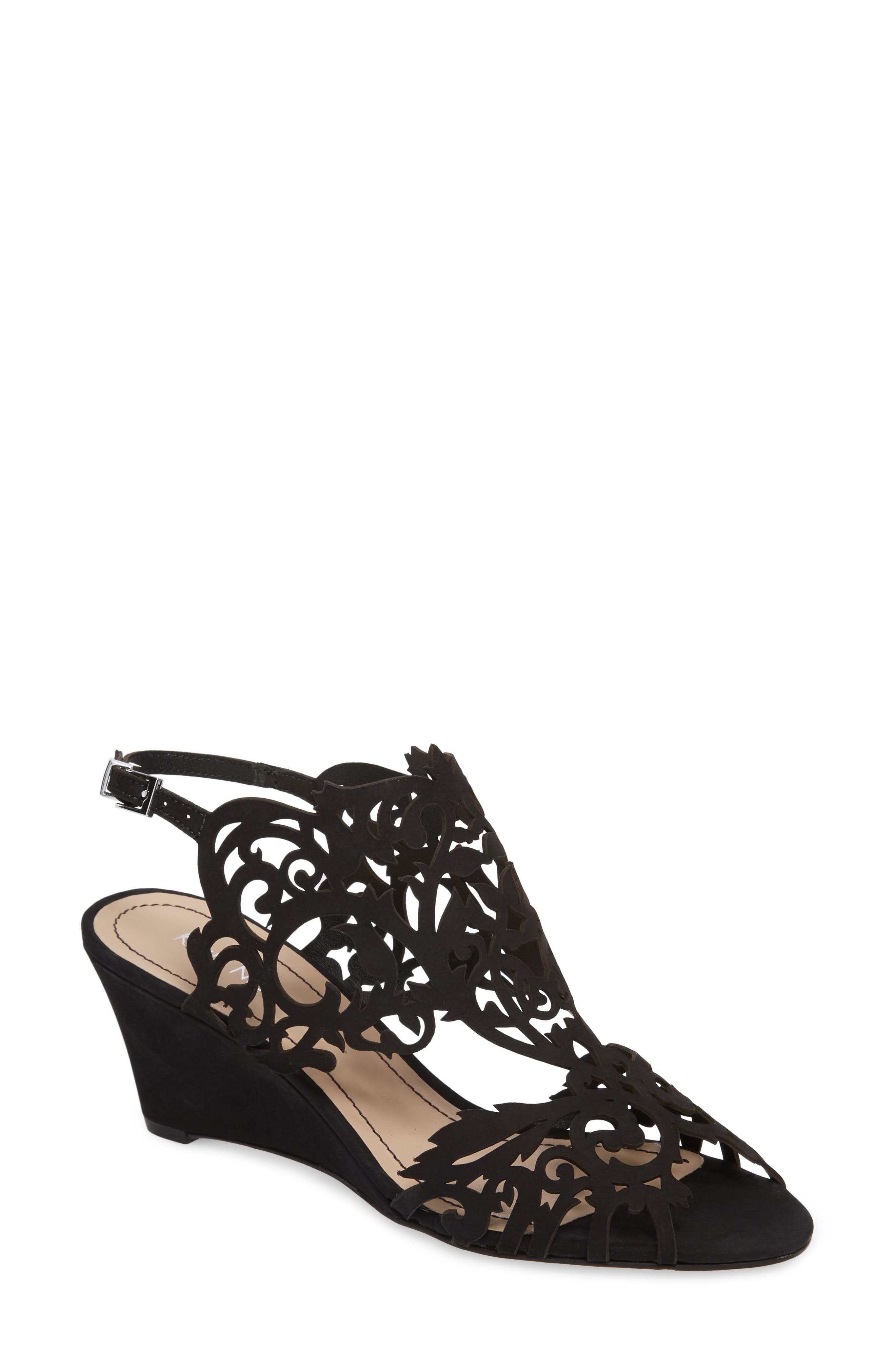 Marcela Laser Cutout Wedge Sandal, Main, color, BLACK NUBUCK LEATHER