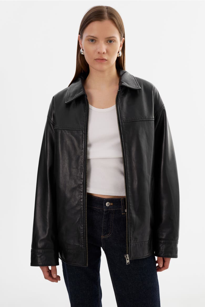 THEIA | Leather Bomber Jacket, Main, color, Black
