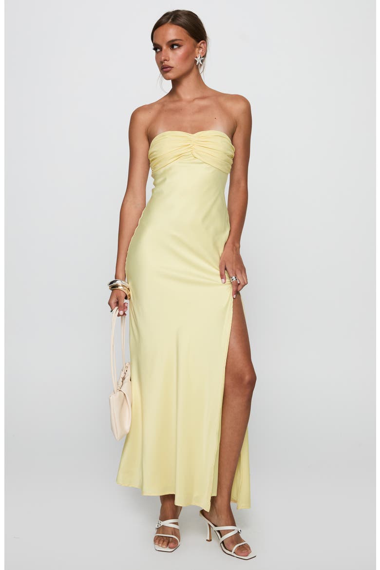 Chevalier Strapless Stretch Satin Maxi Cocktail Dress, Alternate, color, LEMON