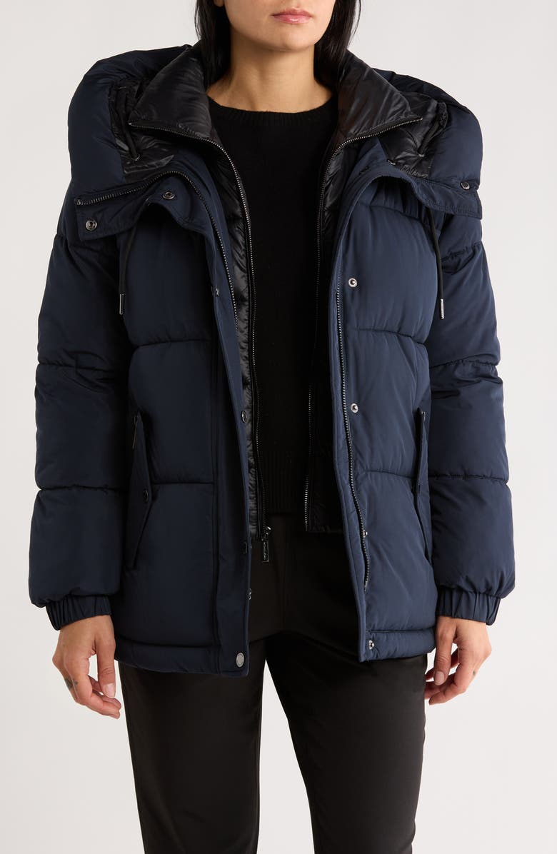 Michael Kors Hooded Puffer Jacket with Bib, Alternate, color, Midnight