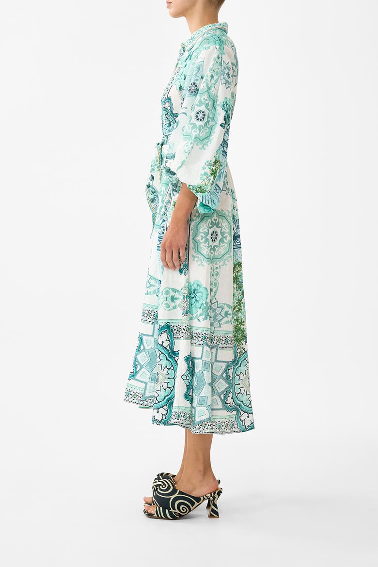 Waist Tie Shirt Dress With Bubble Sleeve, Alternate, color, Balearic Bebé