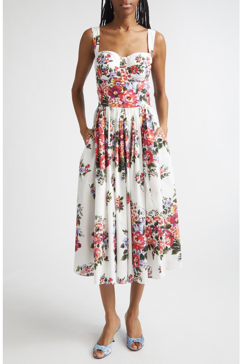 Floral Bouquet Print Pleated Poplin Fit & Flare Dress, Main, color, MAZZ.FIORI F.BIANCO