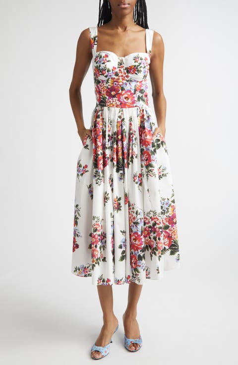 Floral Bouquet Print Pleated Poplin Fit & Flare Dress