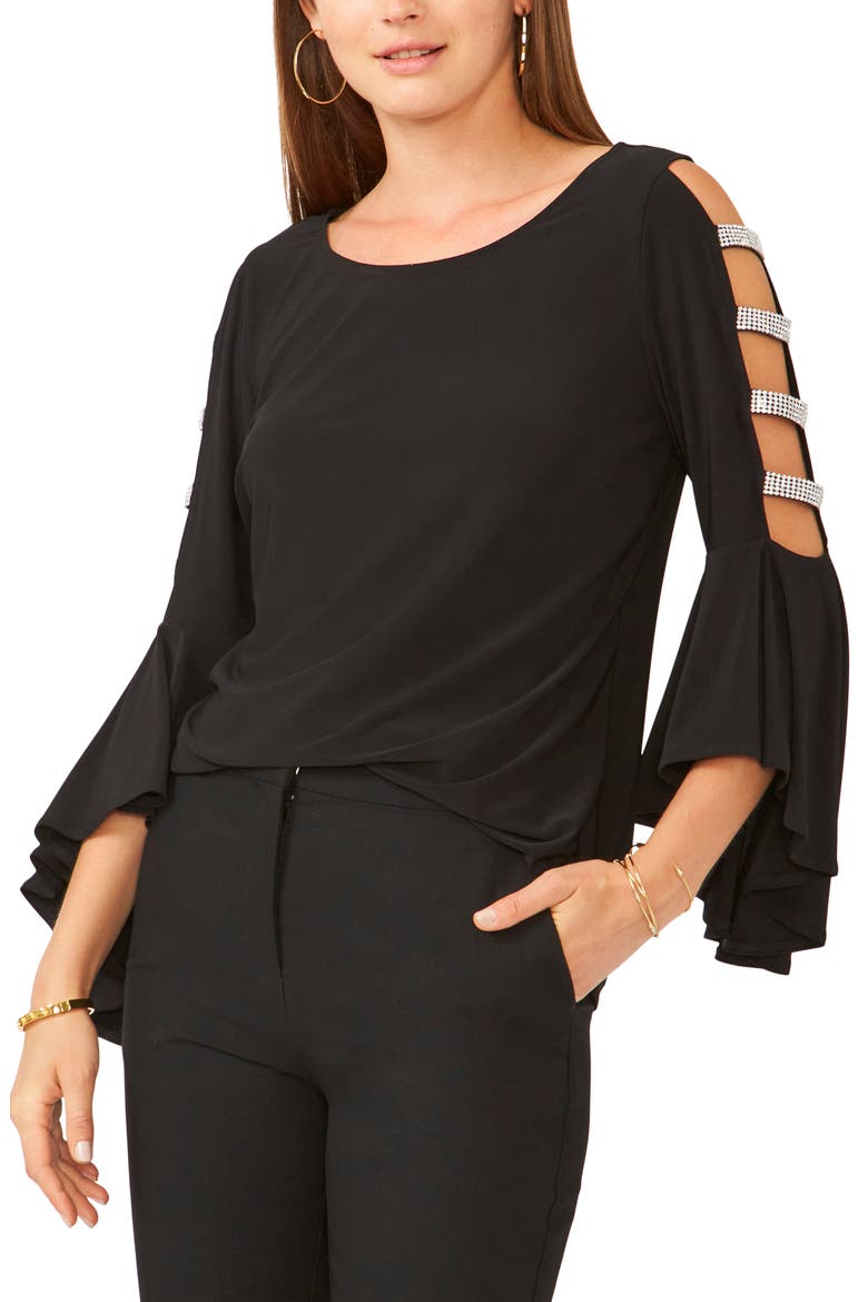 Rhinestone Ladder Trim Knit Blouse, Main, color, BLACK