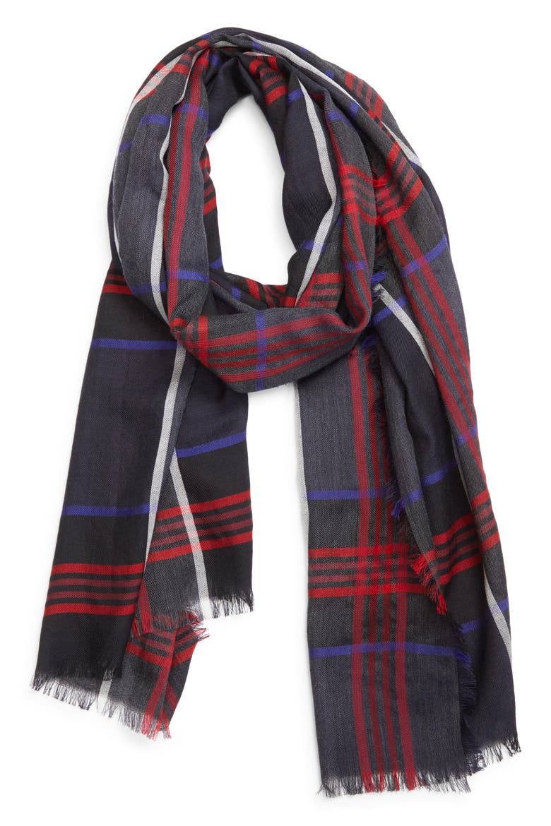 Orton Plaid Cashmere Fringe Scarf, Alternate, color, RU7703 NAVY