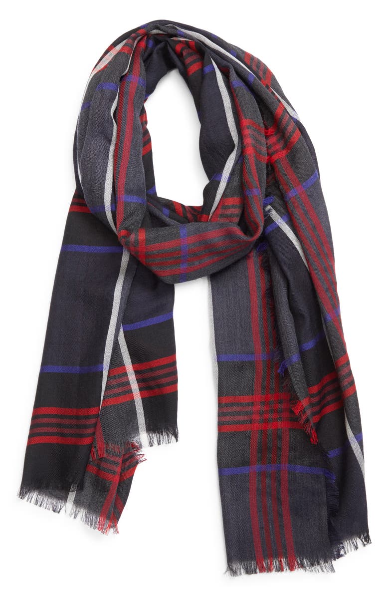 Johnstons of Elgin Orton Plaid Cashmere Fringe Scarf, Alternate, color, Ru7703 Navy