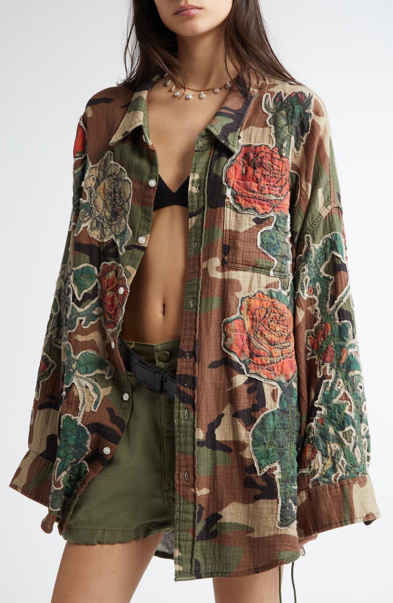 R13 Drop Neck Floral Patch Camouflage Print Button-Up Shirt, Alternate, color, 