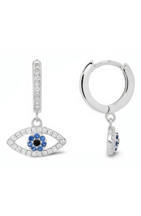 Sterling Silver Cubic Zirconia Evil Eye Huggie Hoop Earrings