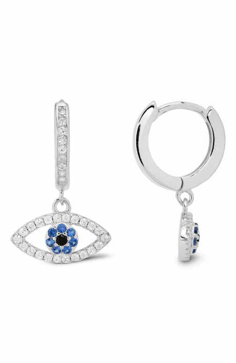 Sterling Silver Cubic Zirconia Evil Eye Huggie Hoop Earrings