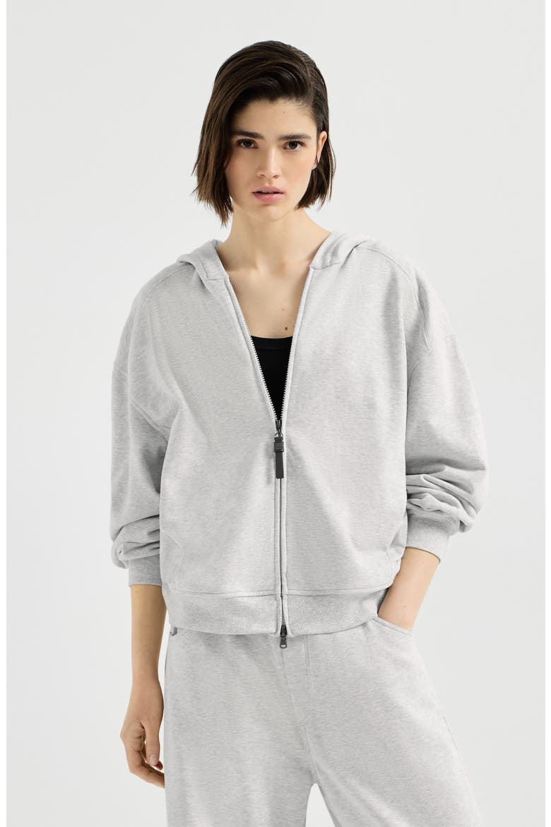 Cotton smooth French terry topwear with shiny zipper pull, Main, color, Silver