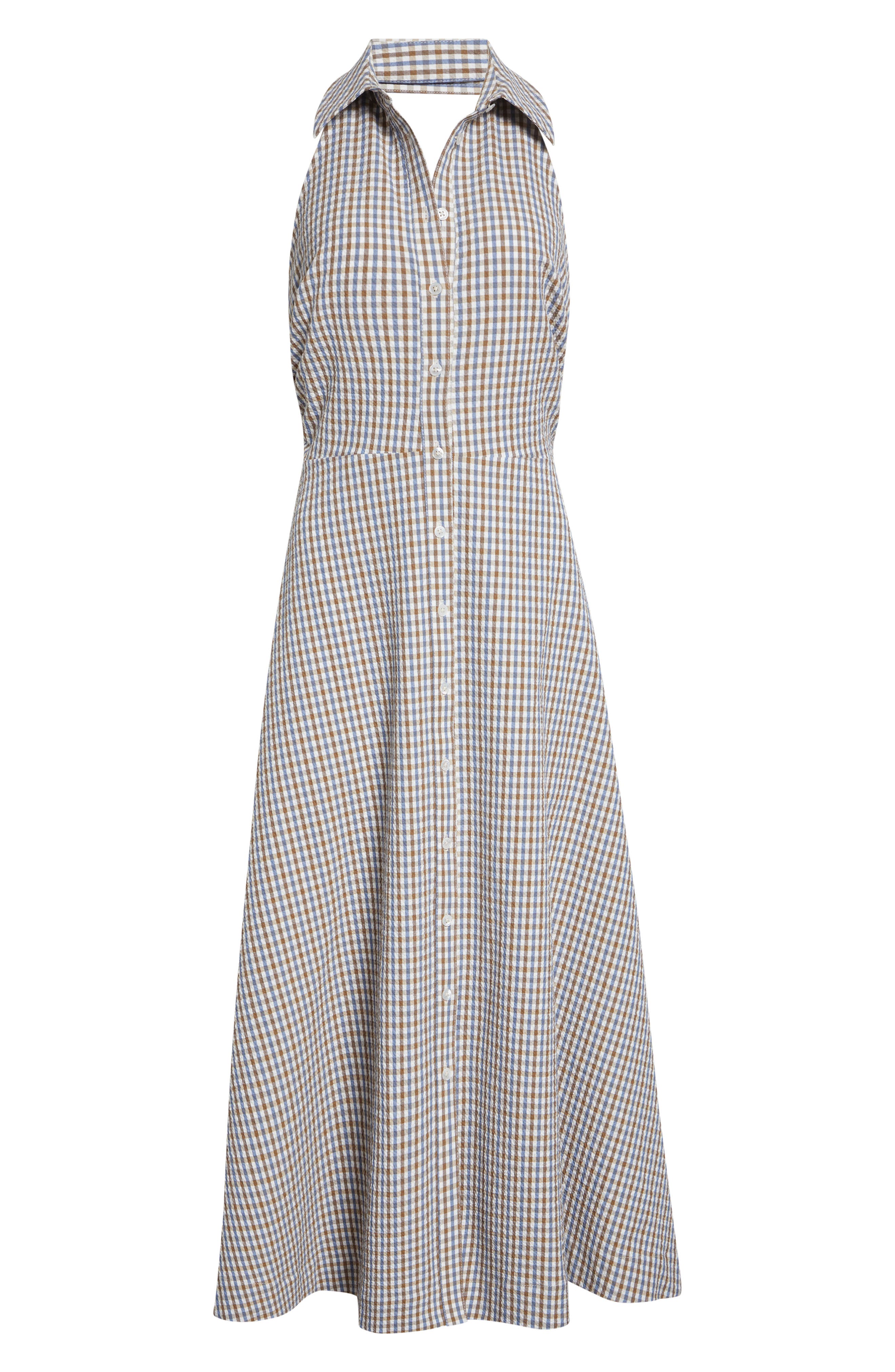 veronica beard mackey gingham seersucker halter dress Mackey Gingham Halter Neck Stretch Cotton Dress (Women)