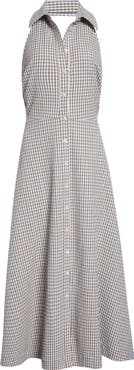 Veronica Beard Mackey Gingham Stretch Cotton Halter Shirtdress
