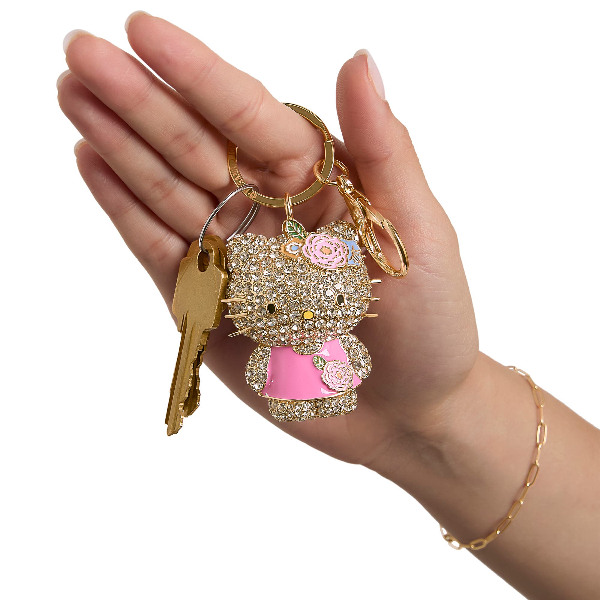Hello Kitty Sanrio Hello Kitty Pink Crystal Flower Bling Keychain Bag Charm, Alternate, color, Pink/Gold