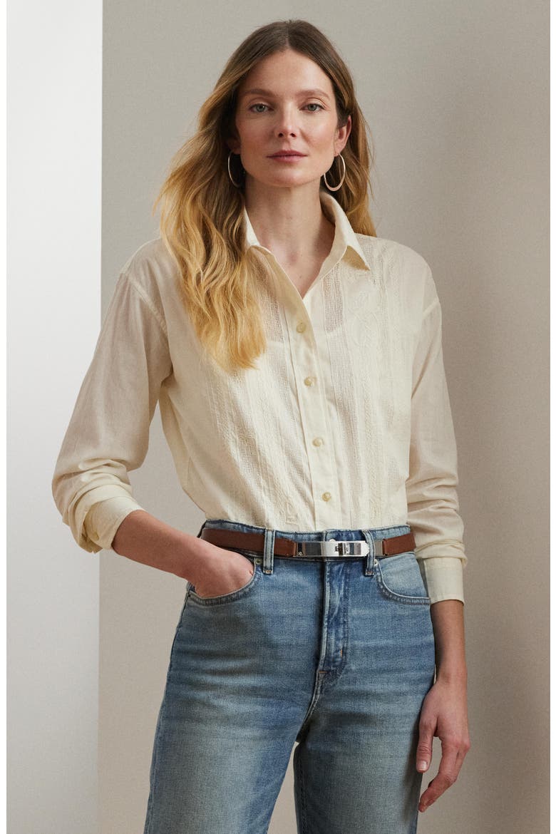 Lace Trim Cotton Voile Shirt, Alternate, color, MASCARPONE CREAM