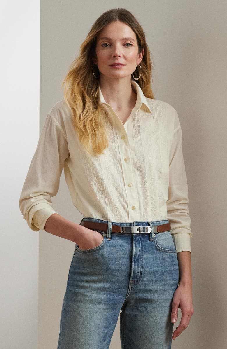 Lauren Ralph Lauren Lace Trim Cotton Voile Shirt, Alternate, color,