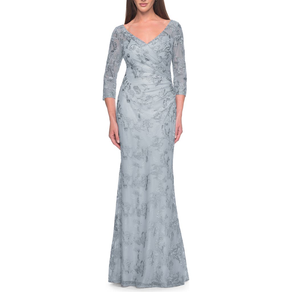 La Femme Pastel Lace Mother Of The Bride Gown With Three Quarter Sleeves