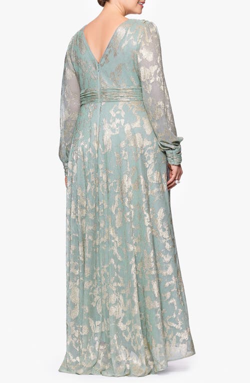 Betsy & Adam Foiled Gown In Sage/gold