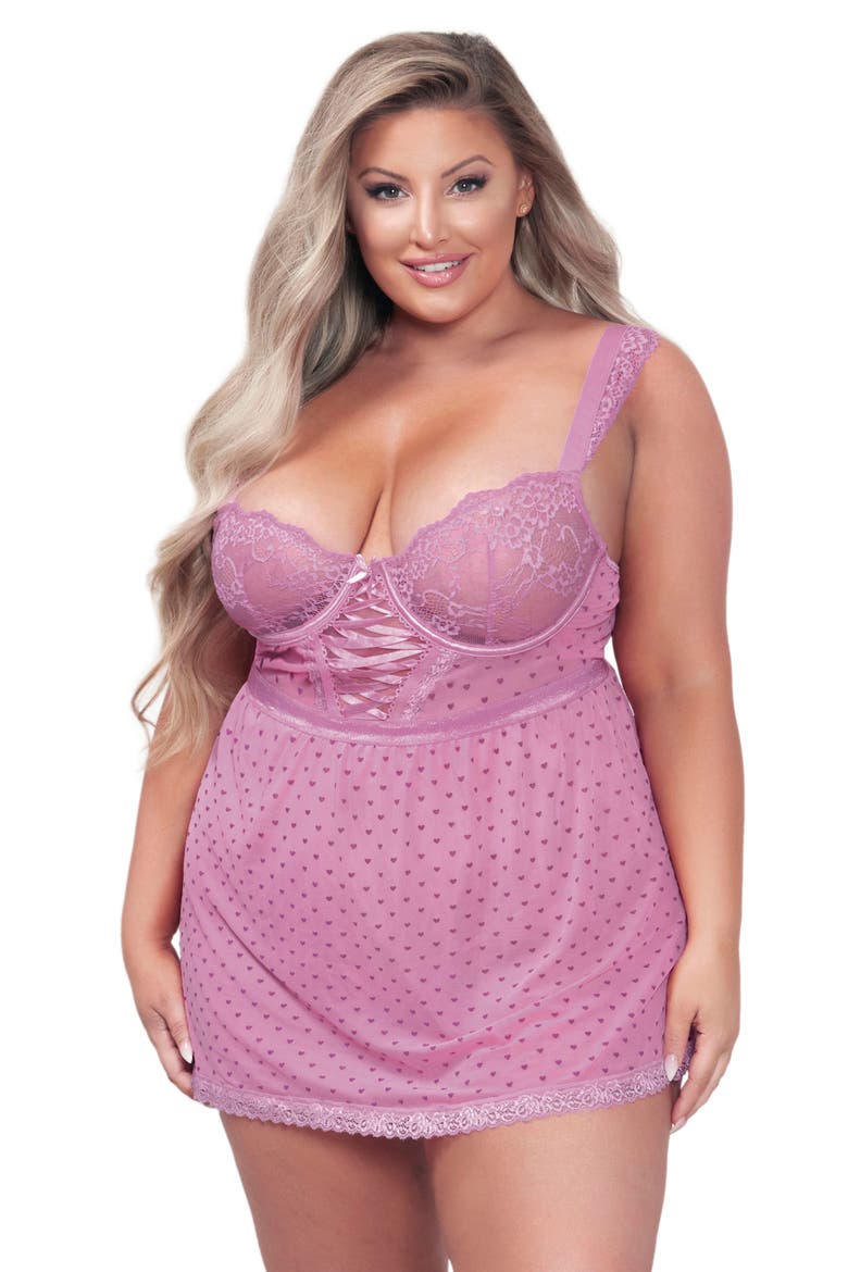 Lace Cup Heart Mesh Babydoll & Thong Set, Alternate, color, PINK