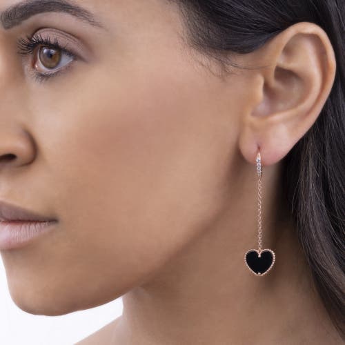 Anna Zuckerman House Of Cards 07 Dangle Heart Earrings In Rose Gold/onyx