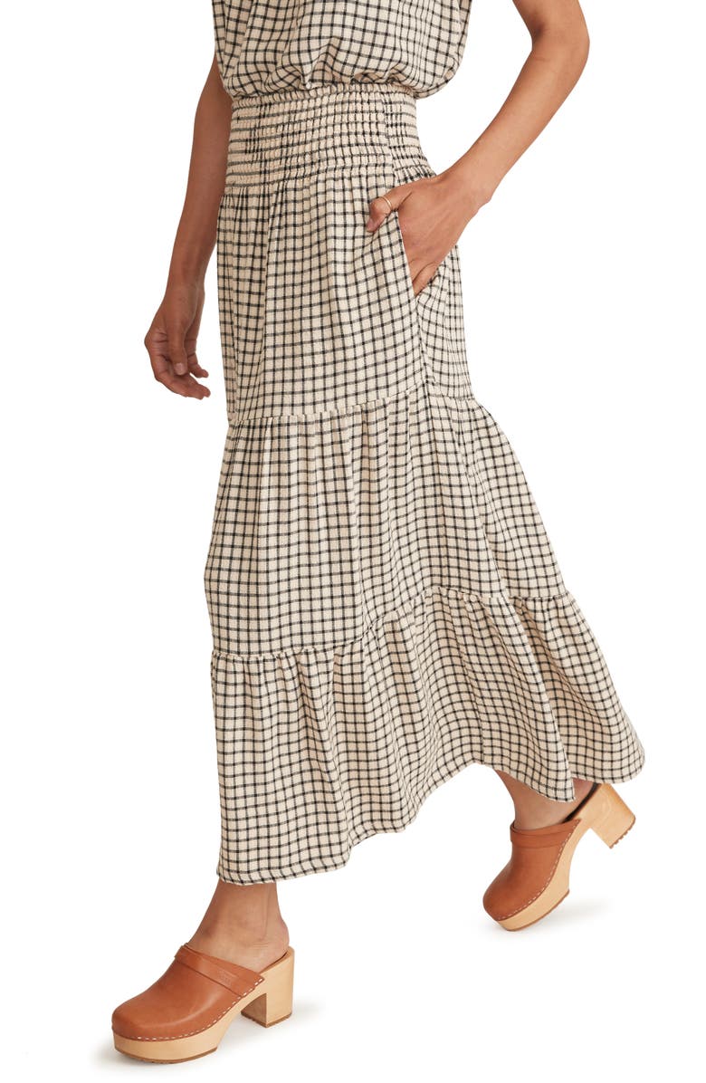 Marine Layer Chloe Windowpane Smocked Maxi Skirt, Alternate, color, Parchment