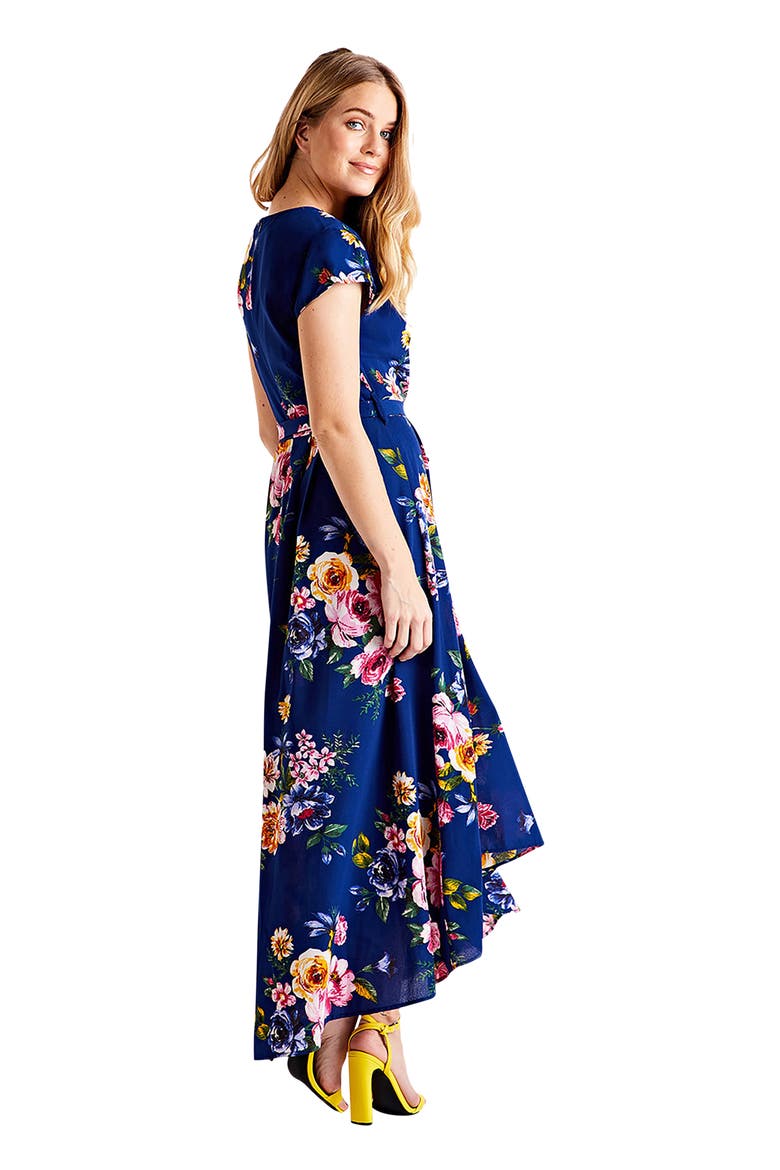 Floral Print Dipped Hem Wrap Midi Dress, Alternate, color, Navy