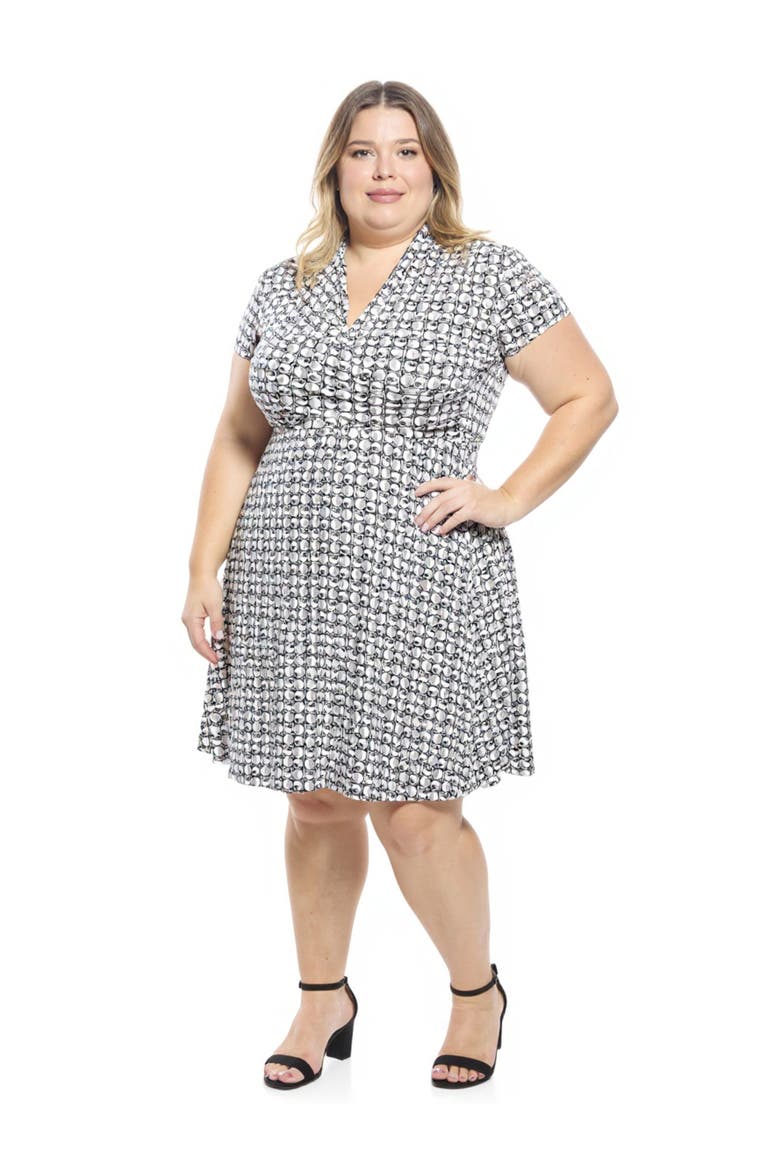 Plus Size Geometric V-Neck Faux Wrap Knee Length A-Line Dress, Alternate, color, Black Multi