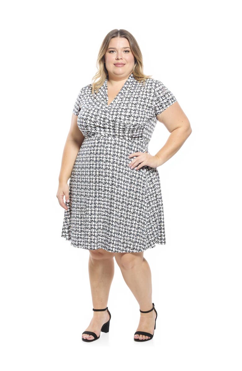 24seven Comfort Apparel Plus Size Geometric V-Neck Faux Wrap Knee Length A-Line Dress, Alternate, color, Black Multi