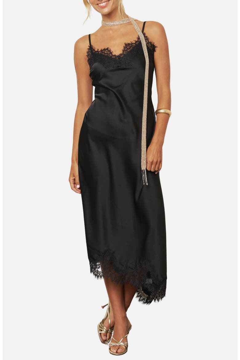 Lace Trim Satin Midi Dress, Alternate, color, BLACK