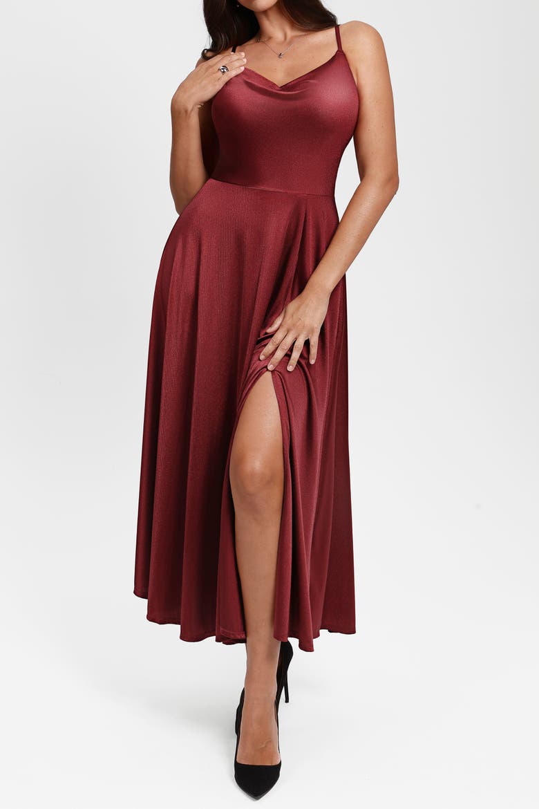 Built In Shapewear Glitter Spaghetti Strap Slit Maxi Dress, Alternate, color, Ruby