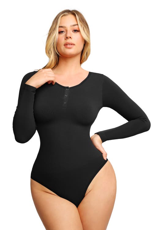 Popilush Shapewear Seamless Modal Long Sleeve Henley Bodysuit In Jet Black