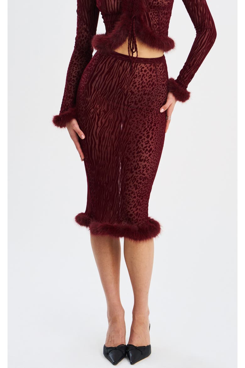 Haliia Burnout Velvet Faux Fur Trim Skirt, Main, color, Burgundy
