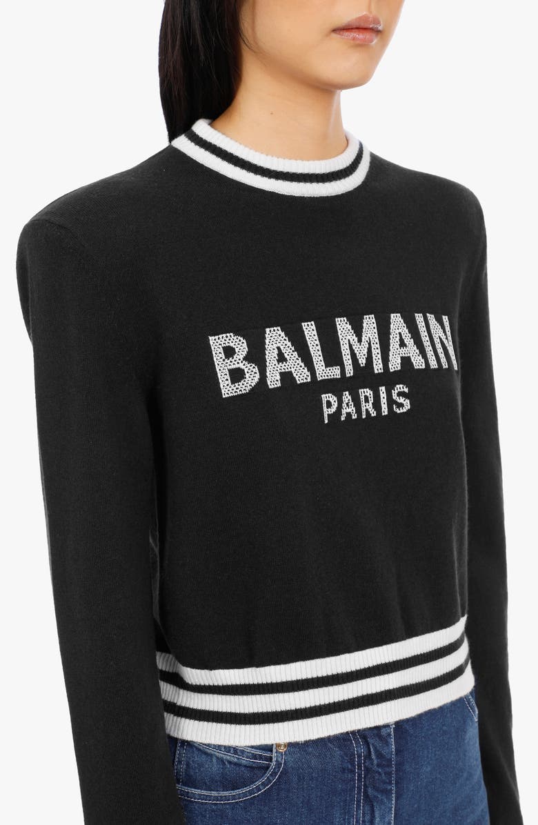 Balmain Intarsia Logo Wool & Cashmere Blend Crop Sweater, Alternate, color,