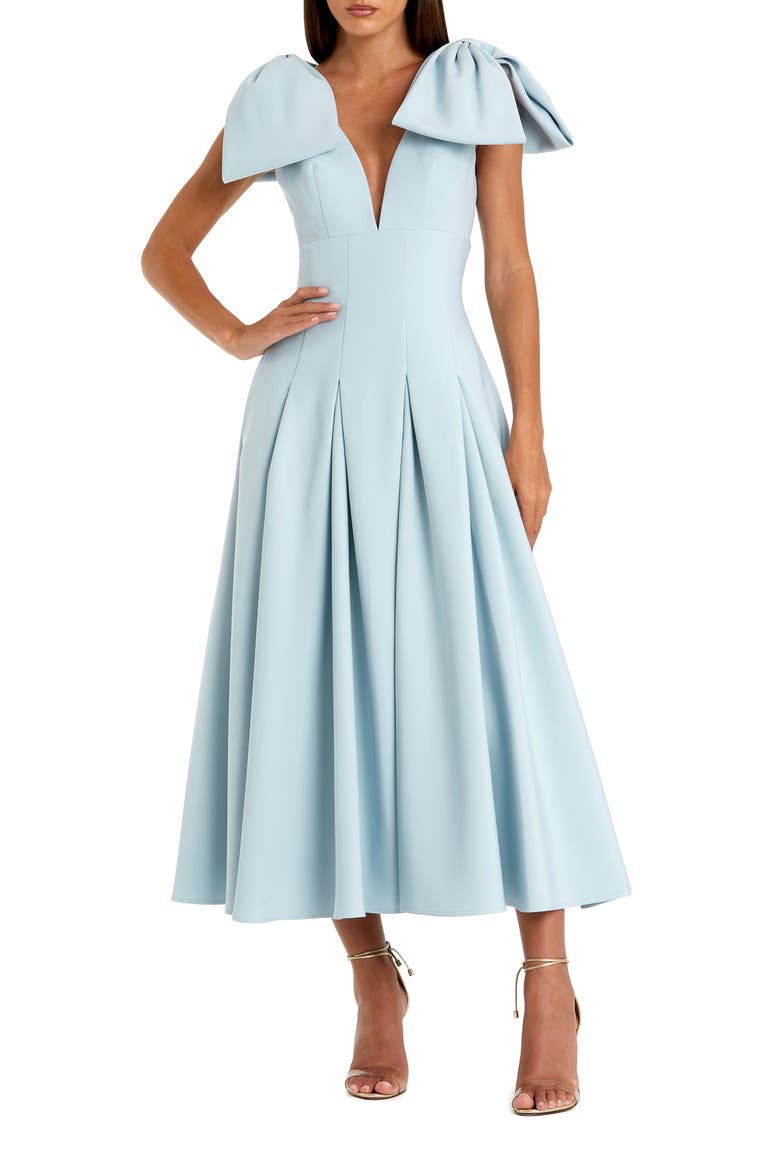 Crepe A Line Midi Dress With Bow Straps, Main, color, Ice Blue